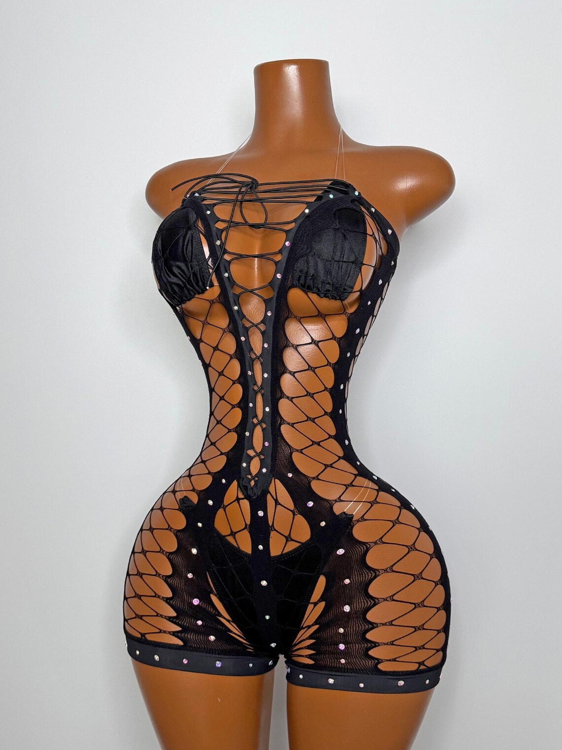 Emily Fishnet Romper with Crystals