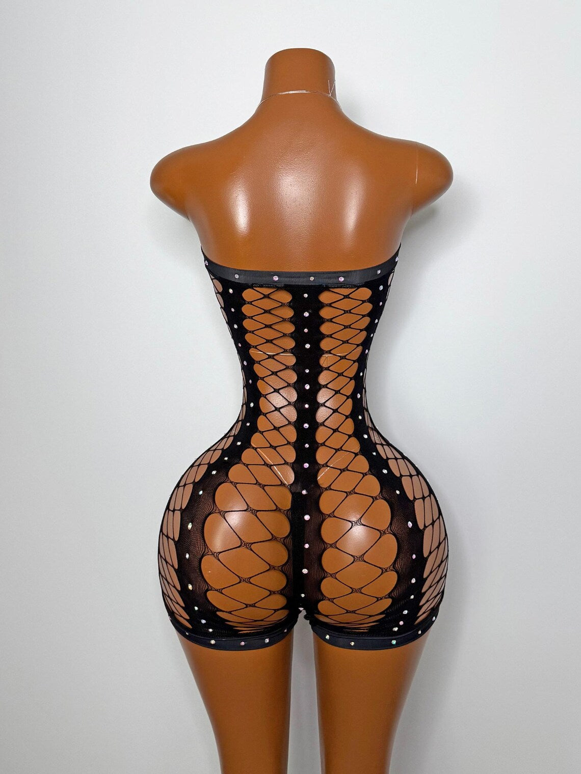 Emily Fishnet Romper with Crystals