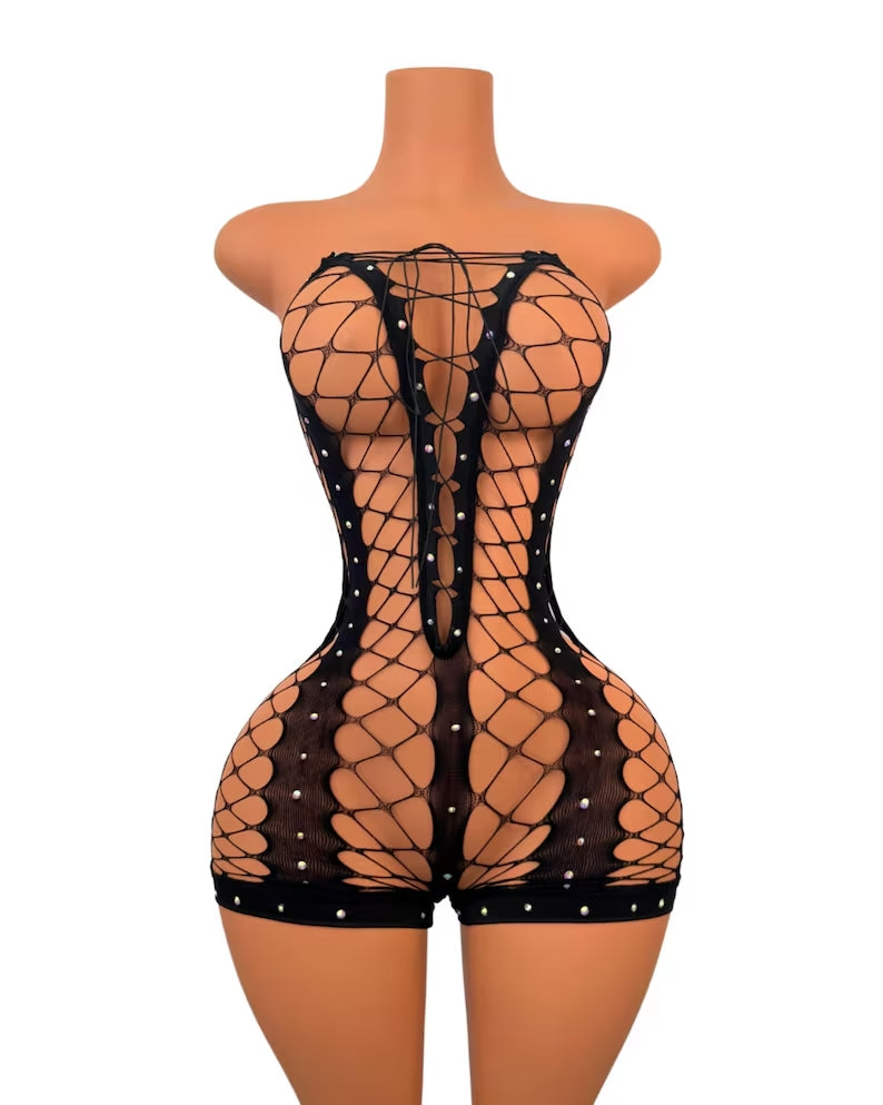 Emily Fishnet Romper with Crystals