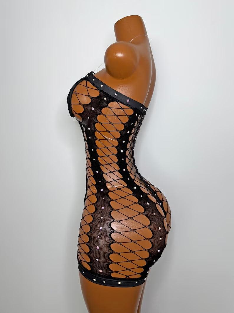 Emily Fishnet Romper with Crystals