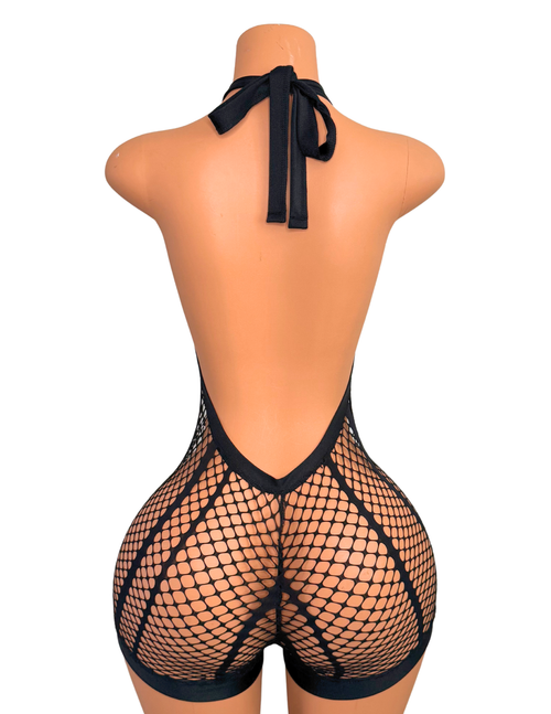 Anastasia Fishnet Halter Romper in Black