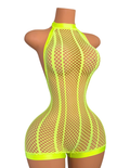 Anastasia Fishnet Halter Romper in Yellow