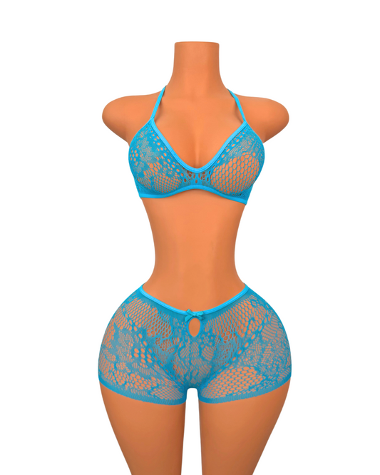 Turquoise Fishnet Short Set