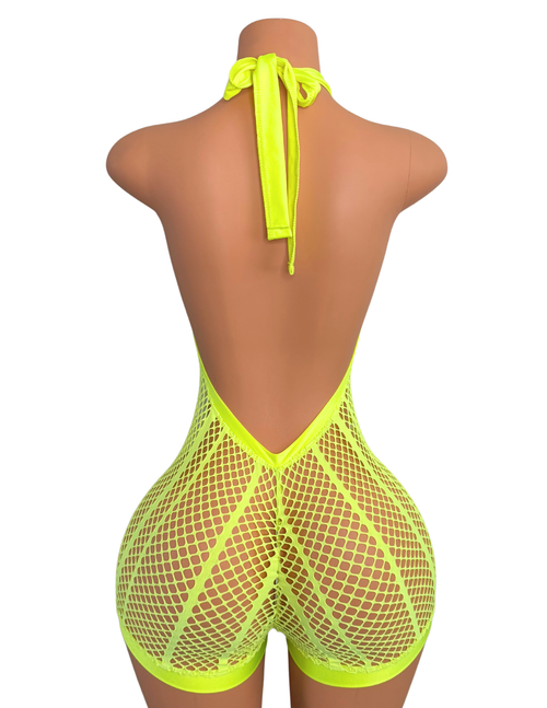 Anastasia Fishnet Halter Romper in Yellow