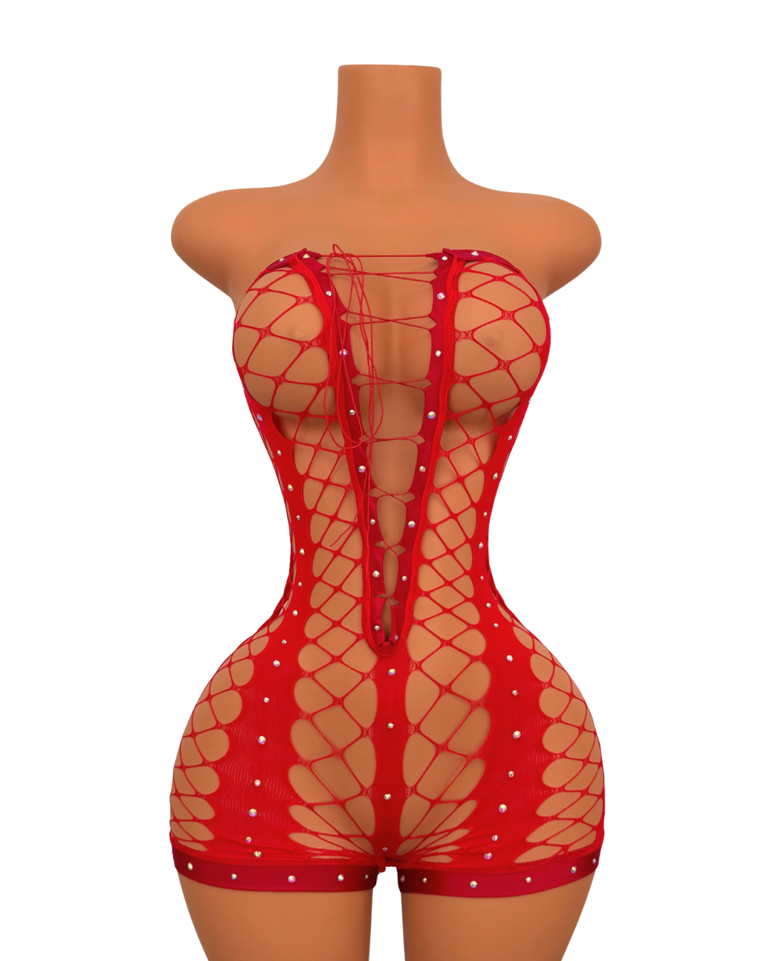 Emily Fishnet Romper with Rhinestones in Red