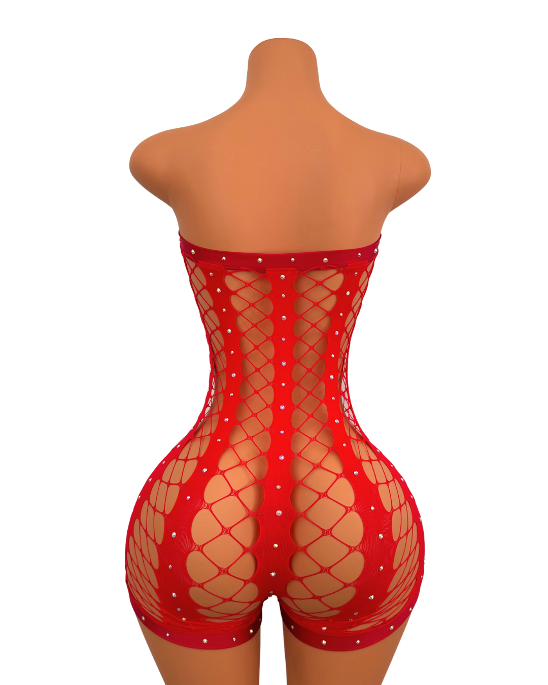 Emily Fishnet Romper with Rhinestones in Red