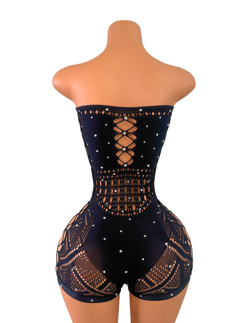 Andy Fishnet Romper with Rhinestones