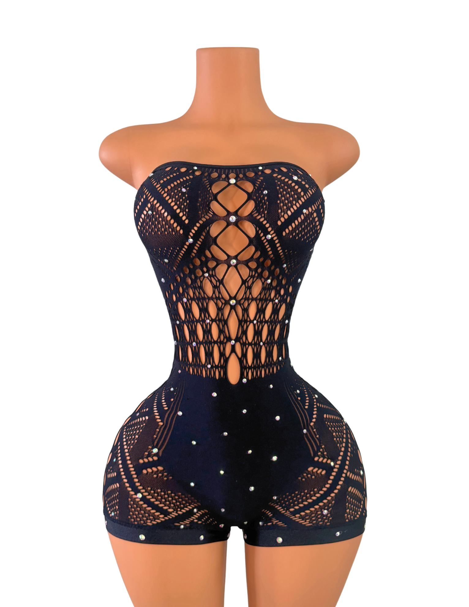 Andy Fishnet Romper with Rhinestones