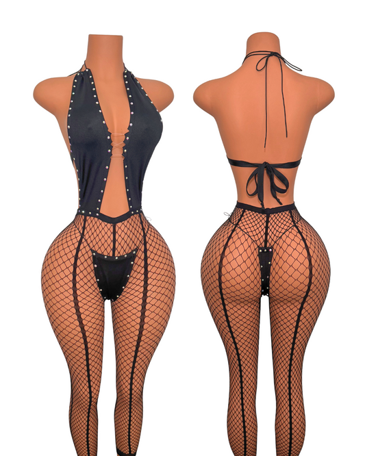Kayla Fishnet Leggings set with Rhinestones
