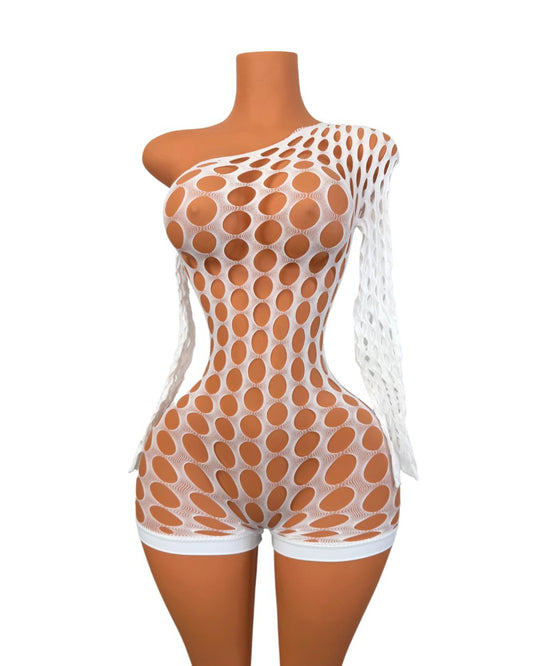 Nikkie Long Sleeve Fishnet Romper in White