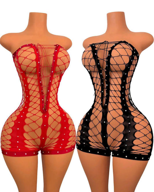 Emily Fishnet Romper with Crystals