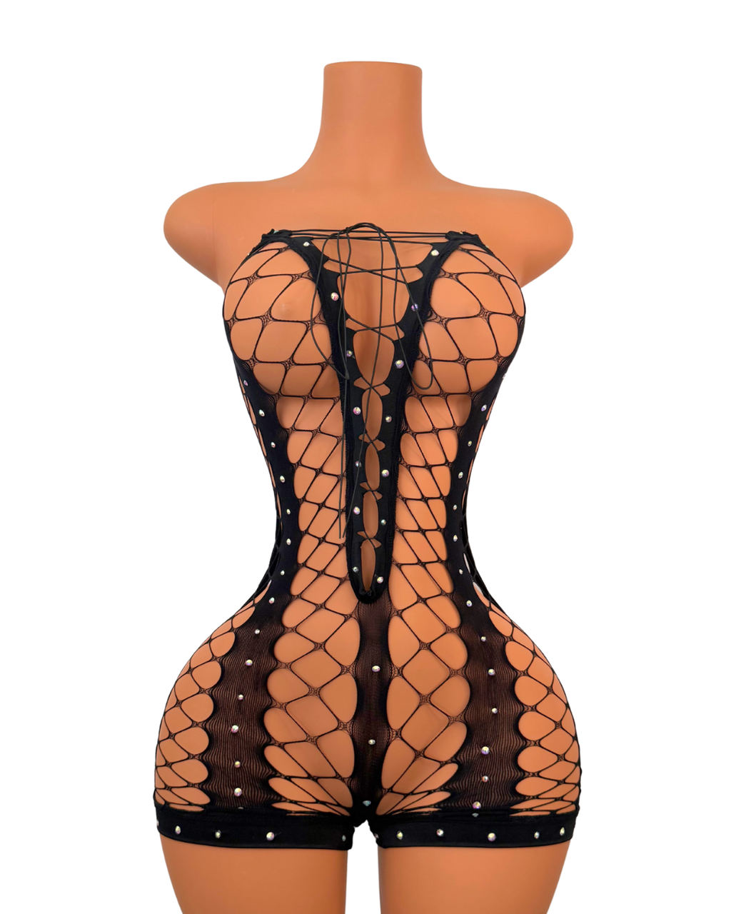 Emily Fishnet Romper with Rhinestones